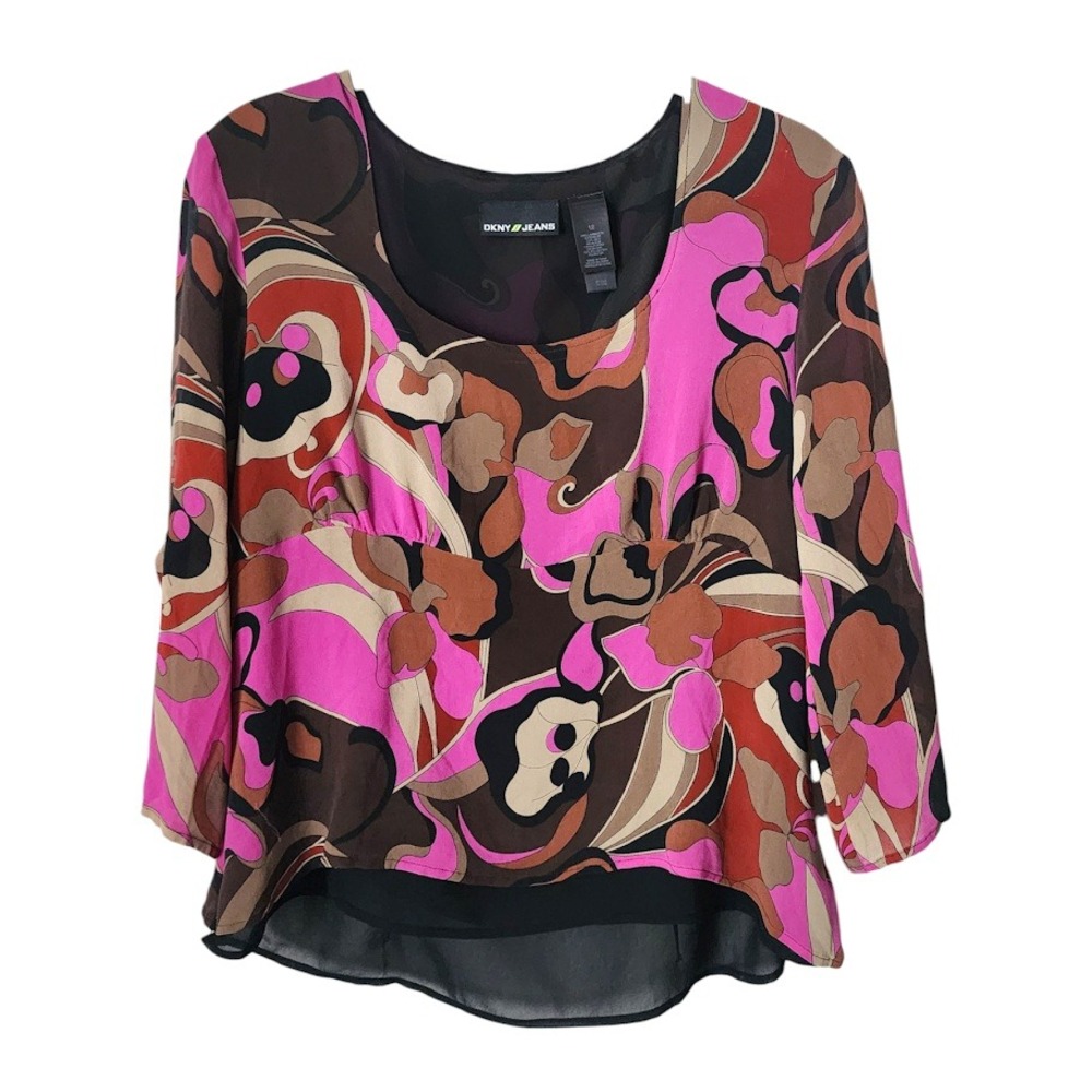 DKNY JEANS Y2K Psychedelic Swirl Print‎ Blouse Sheer Button Sleeve Retro Top 12